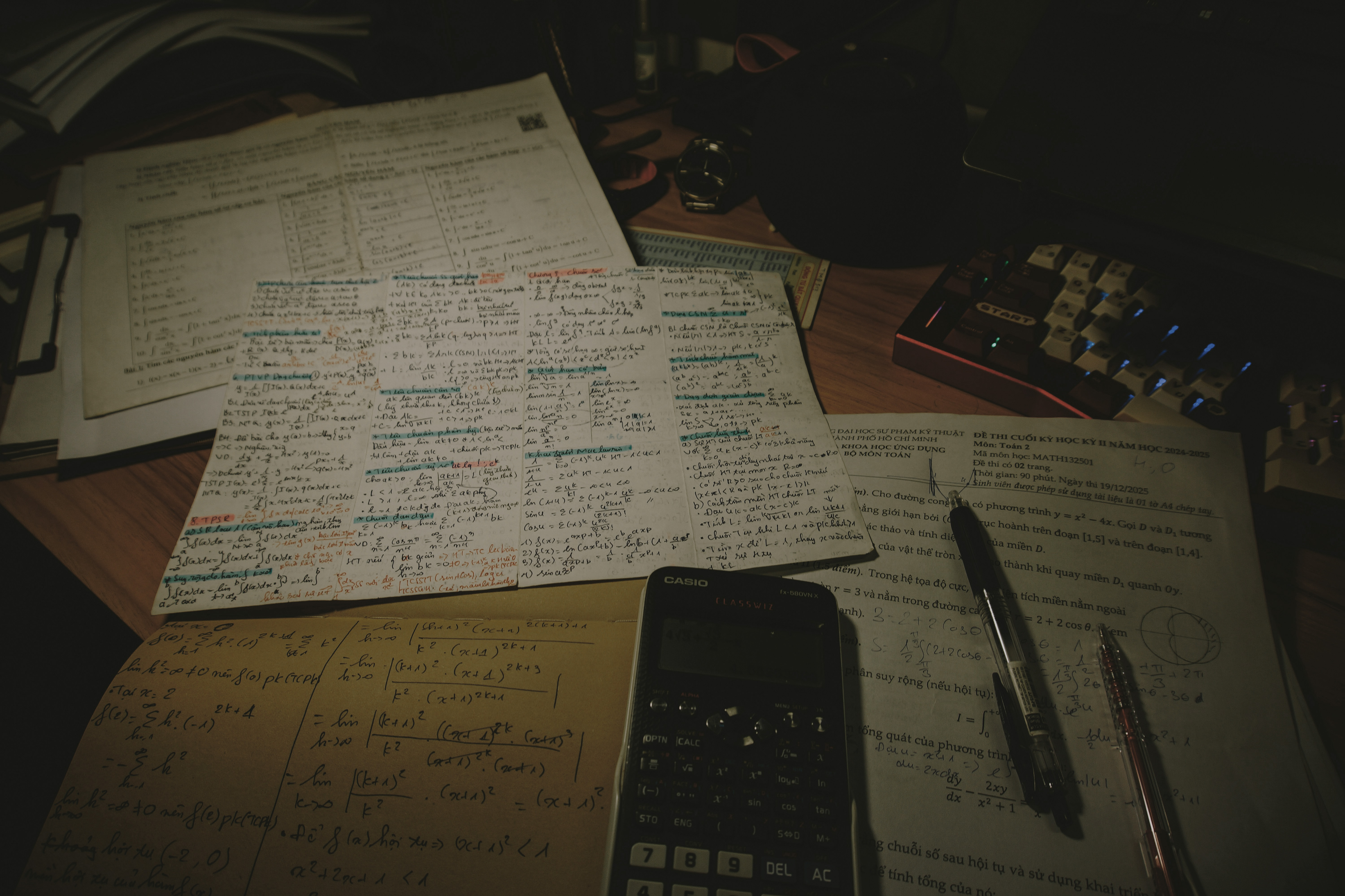 Desk covered with schoolwork and notes